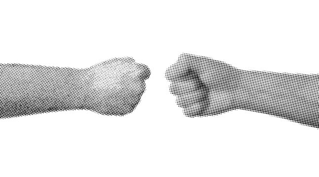 Man giving fist bump. Dotted pop art style human hand, black and white retro halftone texture. Friendly agreement gesture, vintage collage element on transparent background. Vector