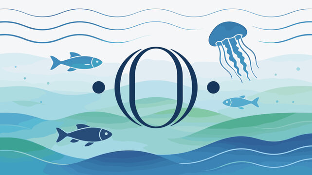 Stylized illustration of marine life including fish and a jellyfish against a backdrop of wavy blue and green ocean currents, centered around an abstract circular emblem.