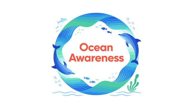 Ocean Awareness illustration with dolphins swimming in a circular flow of water, symbolizing conservation and marine life.