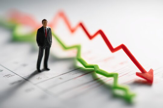 Financial Downfall: A miniature figure stands amidst a stark visual representation of financial downturn, with red and green arrows signaling market fluctuations and economic uncertainty.
