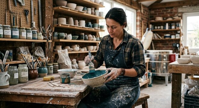 Ceramic artist glazing hand thrown tableware in a regional craft studio