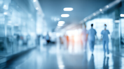Fototapeta premium Blurred view of hospital corridor with healthcare professionals walking, symbolizing the healthcare environment.