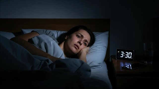 Young woman suffering from profound insomnia, chronic sleeplessness, and restless wakefulness in a dark bedroom, experiencing extreme exhaustion, fatigue, and sleep disturbance at night