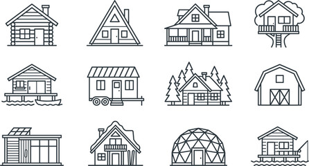 House and cabin outline icon collection featuring modern homes barns cottages and tiny house architecture symbols isolated background © MdKhayrul