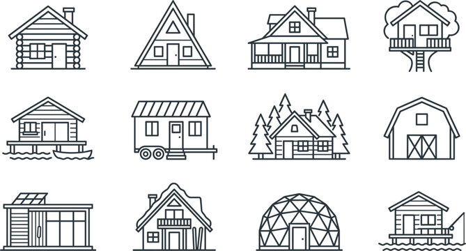 House and cabin outline icon collection featuring modern homes barns cottages and tiny house architecture symbols isolated background