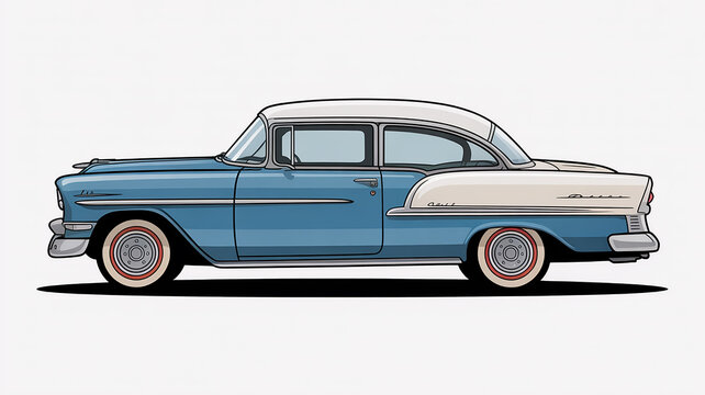 A detailed illustration of a classic 1950s Chevrolet Bel Air in two-tone paint, with the main body in light blue and the roof and rear quarter panels in white