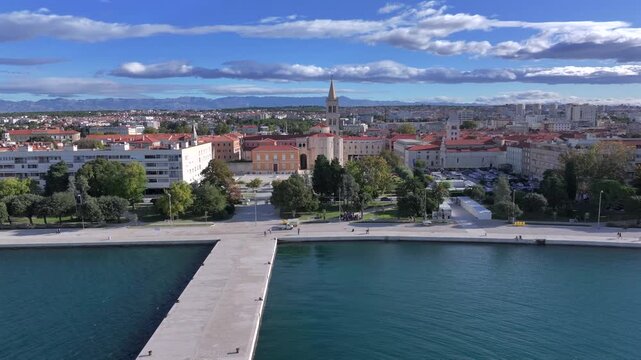 Zadar Old Town, Aerial view of St. Donatus Church. Vibrant coastal city with red roofs and the Adriatic sea in Croatia.