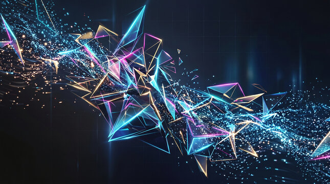 Dynamic abstract neon geometric cluster with glowing blue, pink and gold polygons exploding outward against dark background, futuristic digital connectivity and high-tech visualization design