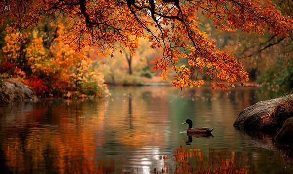Beautiful autumn landscape with duck, lake and falling leaves