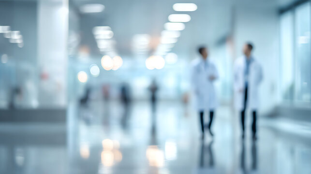Blurry scene of two medical professionals walking in a modern hospital corridor, representing healthcare teamwork.