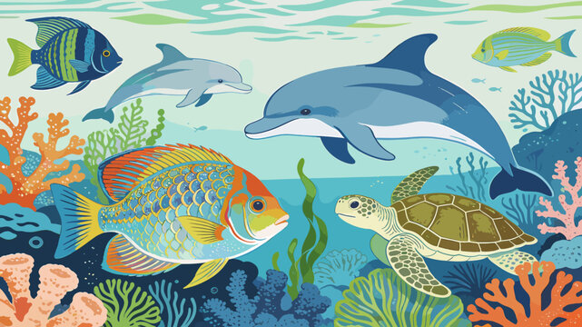 Vibrant underwater scene teeming with diverse marine life, including colorful fish, playful dolphins, and a serene sea turtle amidst coral reefs.