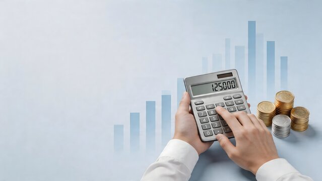 Hands using calculator with coins and graph