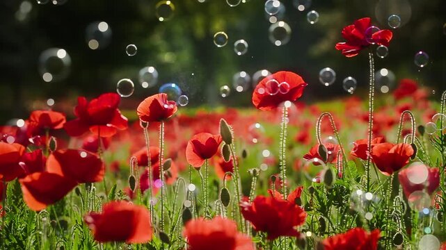 Red poppies with floating soap bubbles