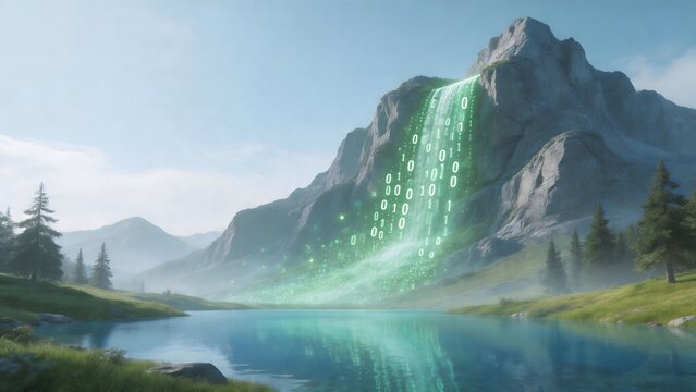 Mountain waterfall with binary code