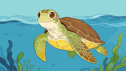 A cute cartoon sea turtle with a friendly smile swims gracefully through clear blue ocean water, surrounded by green seaweed and gentle waves. © Uchiha