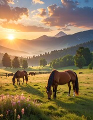 Obraz premium Sunlit meadows, horses