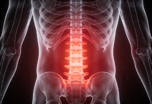 Human anatomy front view skeleton showing lower back pain ache inflammation bvoday health nerve sciatica back dult medicine.