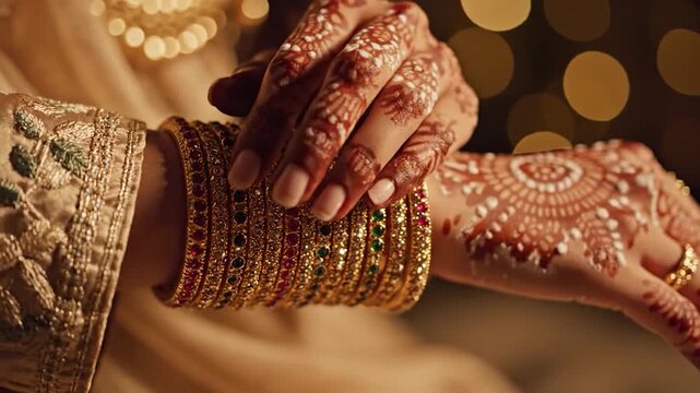 Close up of hands adorned with intricate henna designs and colorful bangles in warm lighting
