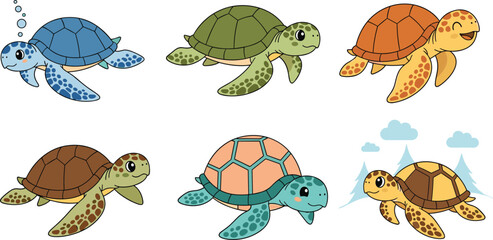 Fototapeta premium Cute Cartoon Turtles with Different Shell Patterns Swimming and Exploring Nature for Kids and Animal Lovers