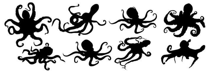 Collection of black octopus silhouettes in different poses and shapes. Marine animal vector set isolated on white background, ideal for tattoo designs, ocean themes, nautical branding, stickers, logos © MJD_Studio