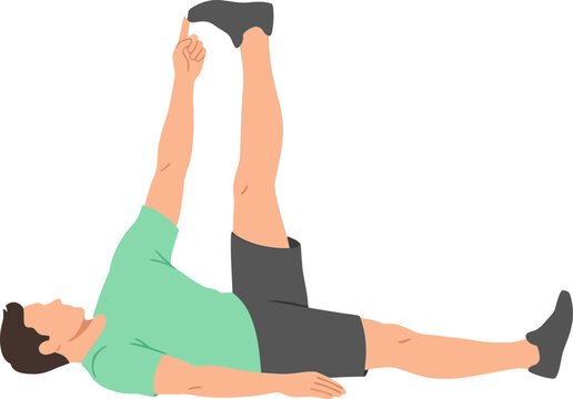 Man lying on back stretching leg with finger point.