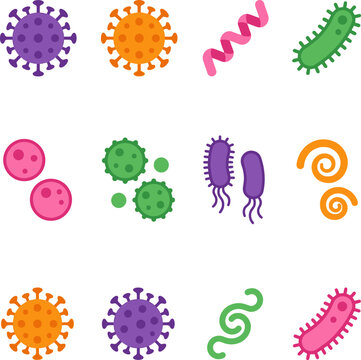 Microorganisms and bacteria collection, various types of viruses and germs.