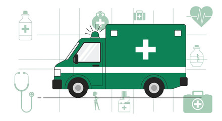 Fototapeta premium Emergency Medical Services Ambulance Concept on White: Healthcare Iconography Illustration