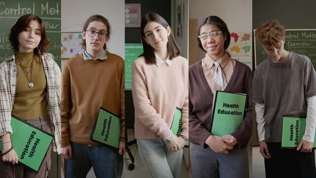 Medium split screen portraits of diverse male and female teenage high school students attending health education lesson, learning about pregnancy, birth control and STIs, looking at camera, smiling