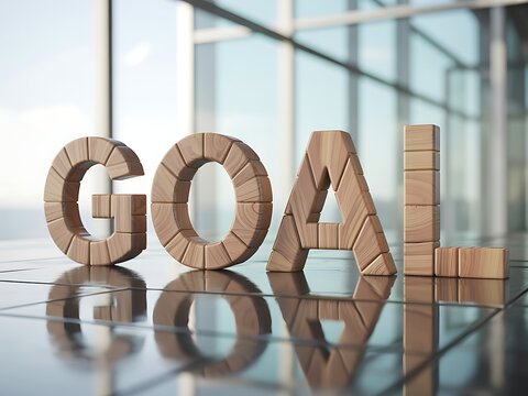 Textured wooden GOAL letters constructed from small blocks stand on a reflective tiled surface