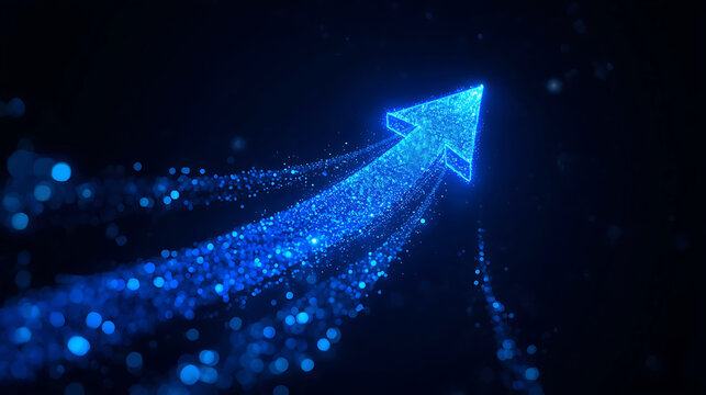 Glowing blue arrow with sparkling particles moving upwards on dark background