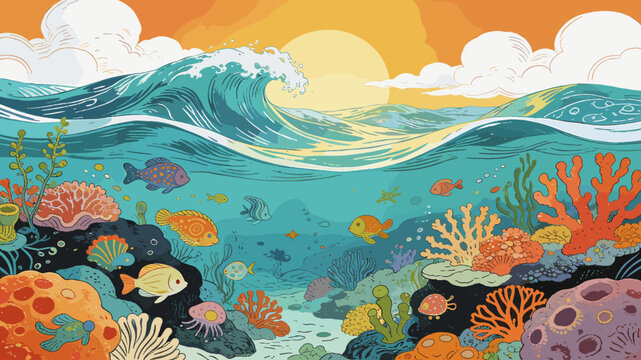 Vibrant underwater coral reef teeming with colorful fish beneath a dramatic ocean wave at sunset.