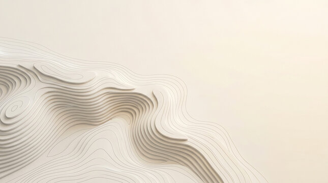 Abstract layered 3D topographic contour background with smooth wavy beige and cream terrain lines, minimalist geological elevation design and elegant modern mapping visualization for landscape and art