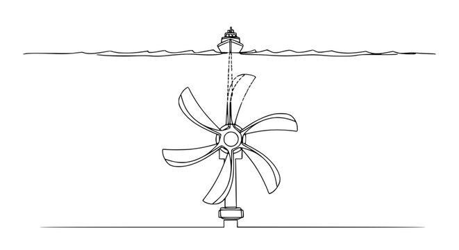 Underwater turbine powered by ship, renewable ocean energy concept illustration