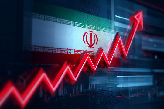 Iran sanctions market rally with neon financial growth arrow over Iranian flag, Tehran exchange volatility, Middle East inflation crisis, rial recovery speculation, geopolitical oil economy concept