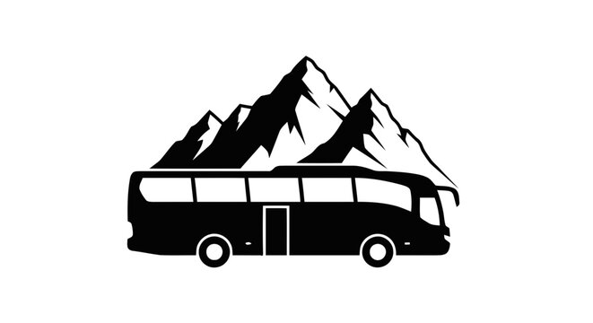 Vector illustration of black silhouette of a tour bus in front of mountain peaks on a transparent background