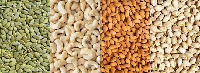 Obraz premium Close-up collage of pumpkin seeds, cashew nuts, almonds, and pistachios. Healthy food, natural ingredients, vegan nutrition, and snack background concept.