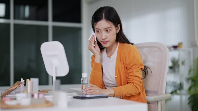 young Asian women beauty influencer live streaming makeup tutorial applying cosmetic product skincare routine sitting home office desk with beauty mirror