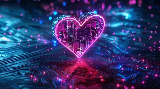 Glowing Cyberpunk Digital Heart on Motherboard with Data Waves (AI Generated)