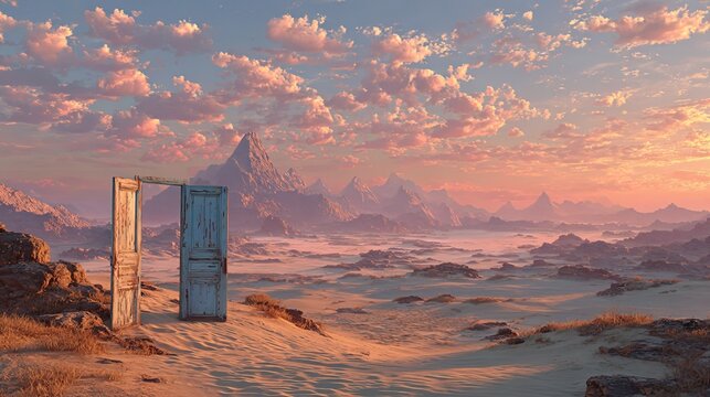 Mystical Desert Portal: Weathered Wooden Doors Framing Snow-Capped Mountains Under Pink Sunset Clouds, Surreal Fantasy Wilderness Landscape for Wall Art and Creative Design Projects