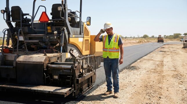 Road construction worker in a safety vest and hard hat wiping sweat next to a large asphalt paver machine.