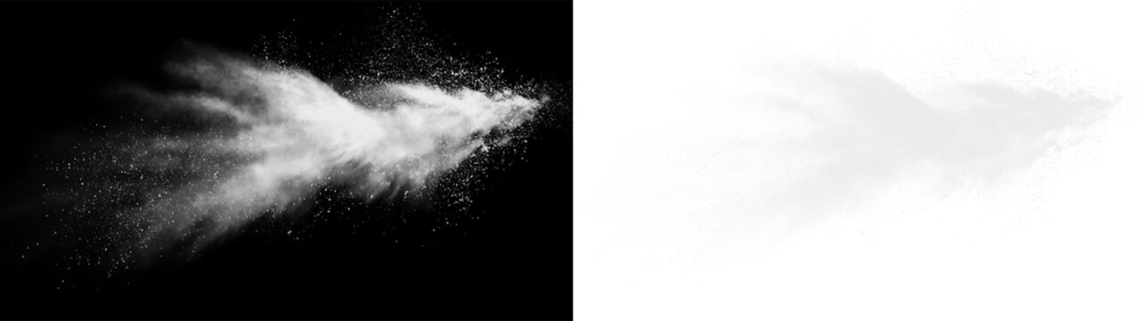 Impact effect of white dust particles with misty edges on a transparent background in a stylized format