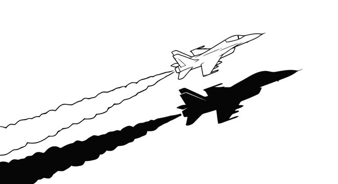 Vector illustration of two fighter jets flying in formation with contrails on a transparent background