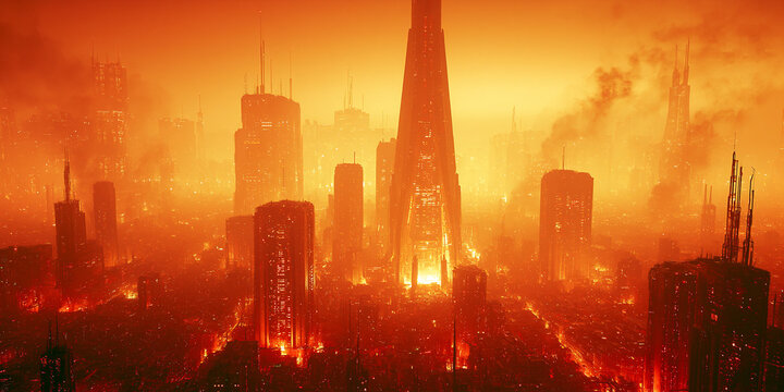 futuristic dystopian megacity with glowing neon canyons, apocalyptic cyberpunk cityscape, dark futuristic street canyon in dystopian metropolis