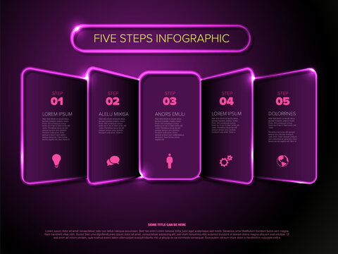 This modern purple infographic template features a glowing neon design for five steps logic. The neon infographic includes five steps to present information in a sleek purple layout.