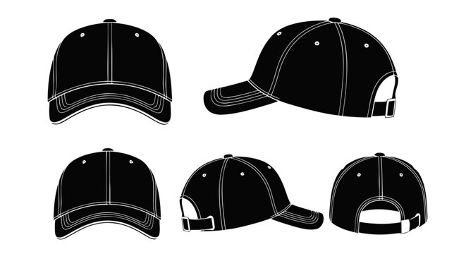 Vector illustration of set of black baseball caps in different angles on a transparent background