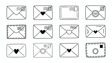 collection of twelve hand drawn envelope illustrations with various doodle elements on a white background © Nargis