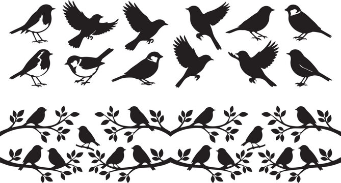 Bird silhouettes collection, flying birds, perched birds, standing birds, branch design, avian icons, wildlife art, nature illustration, shadow pattern