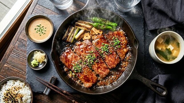 This image is a professional food photograph showcasing a gourmet Japanese Teppanyaki-style beef meal The overall theme is one of high-quality, traditional Japanese cuisine presented with a ru