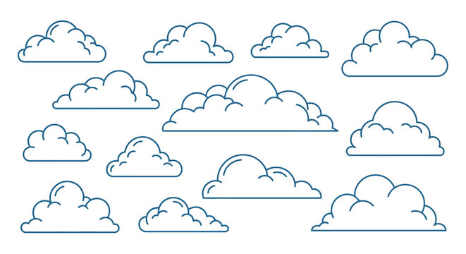 Various cloud shapes are illustrated in blue lines on a white background.