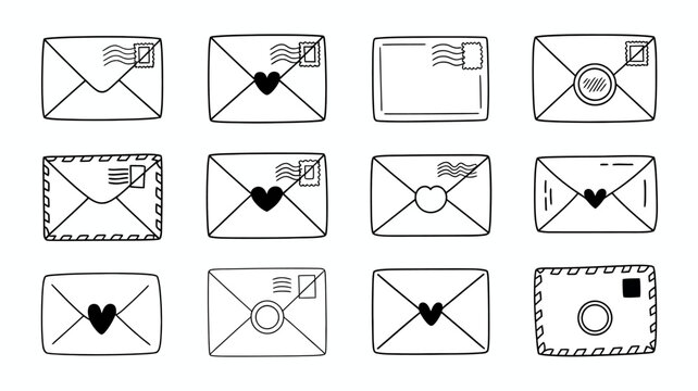 collection of twelve hand drawn envelope illustrations with various doodle elements on a white background